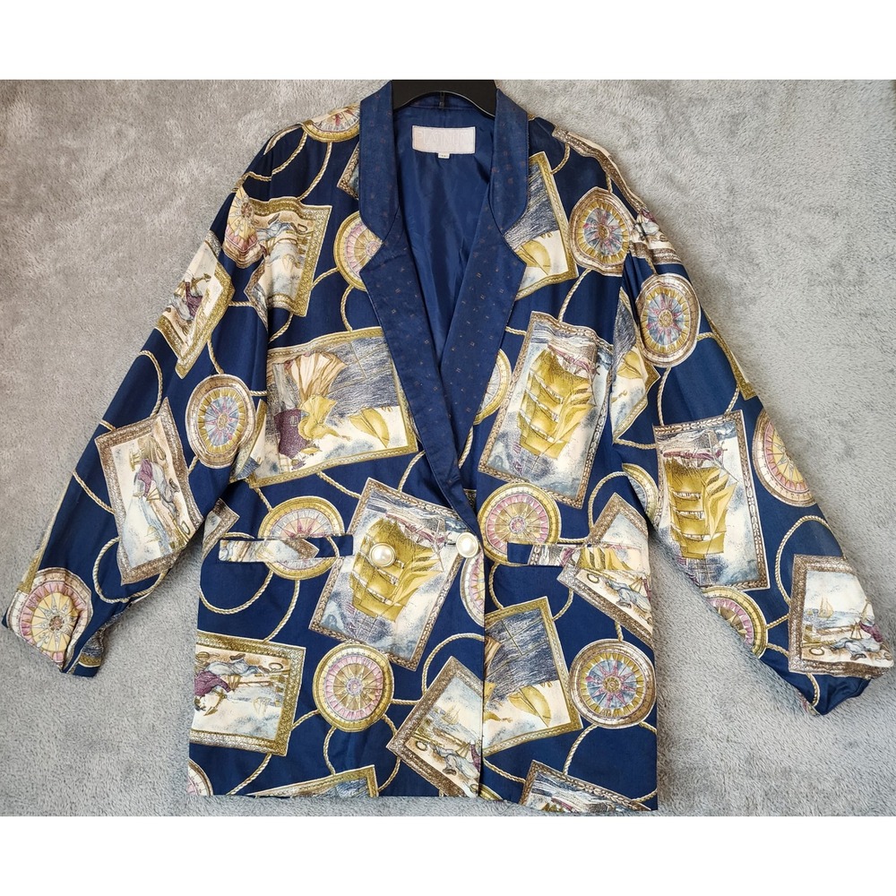 Platinum Dorothy Schoelen Jacket Womens Medium Navy Nautical Ship Compass Blazer